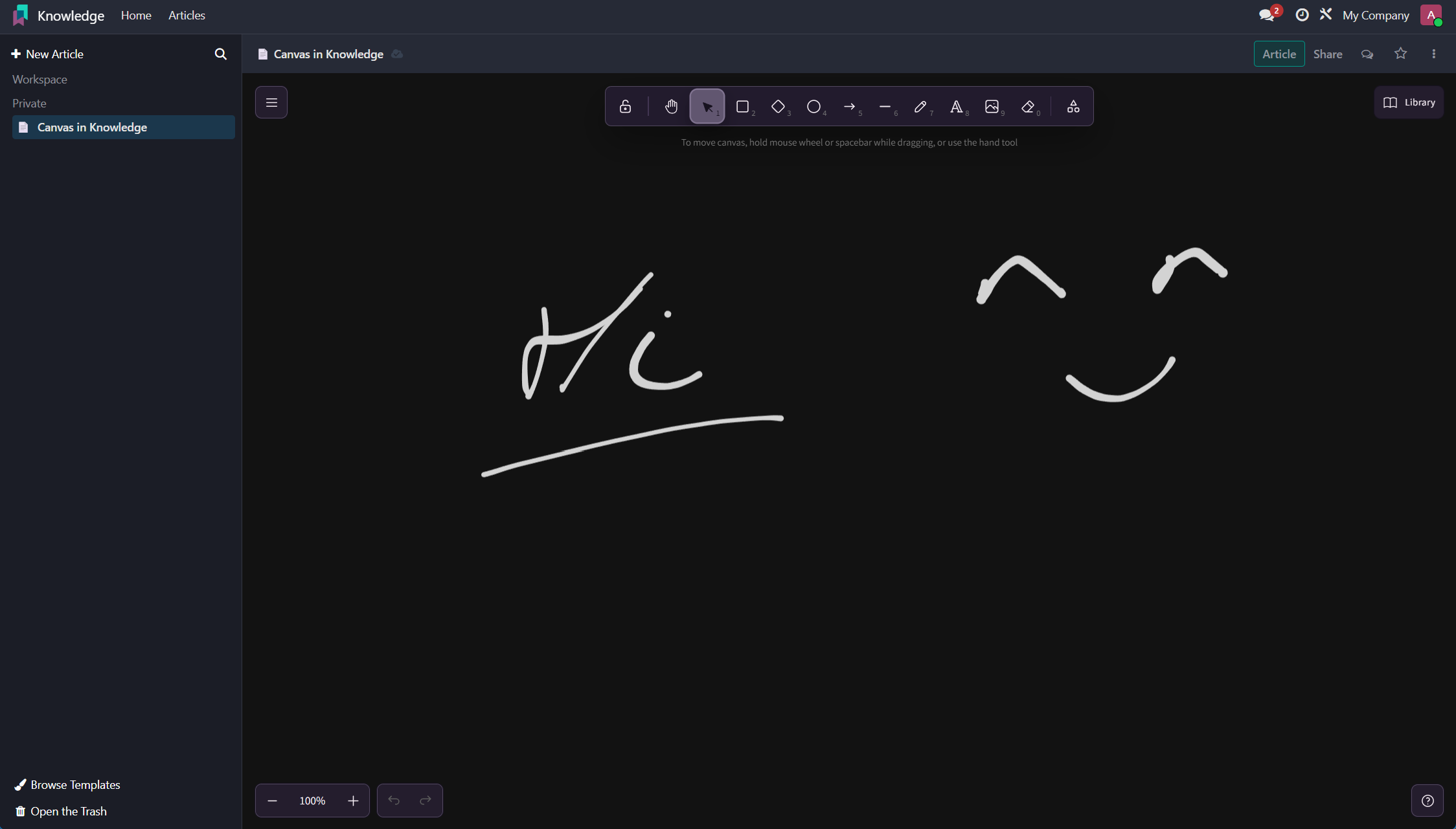 Canvas for Odoo 19 geïntegreerd in Odoo Knowledge dark mode