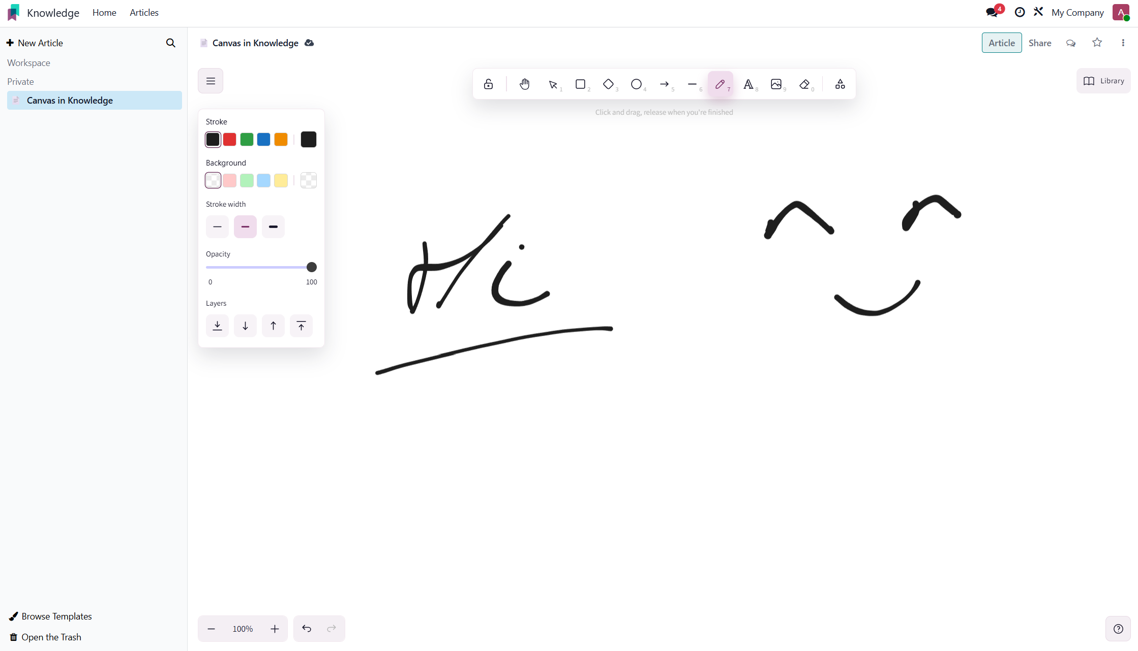 Canvas for Odoo 19 geïntegreerd in Odoo Knowledge light mode